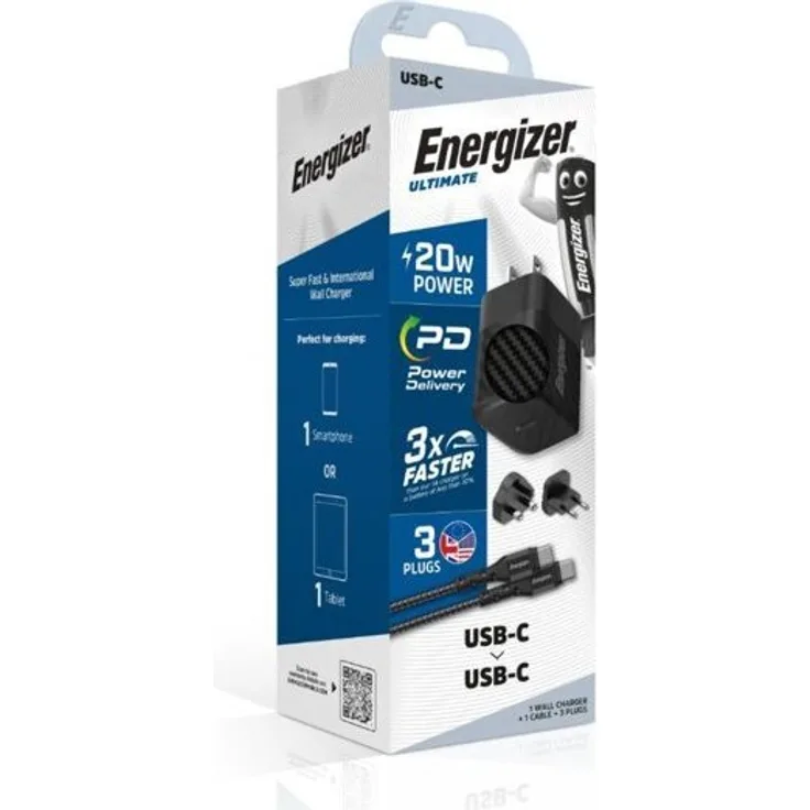 ENERGIZER Ultimate - Multiplug EU / UK / US GaN 20W PD Charger + USB-C Cable (Black) - Superschnelles Aufladen durch USB Power Delivery und ultrakompaktes Design