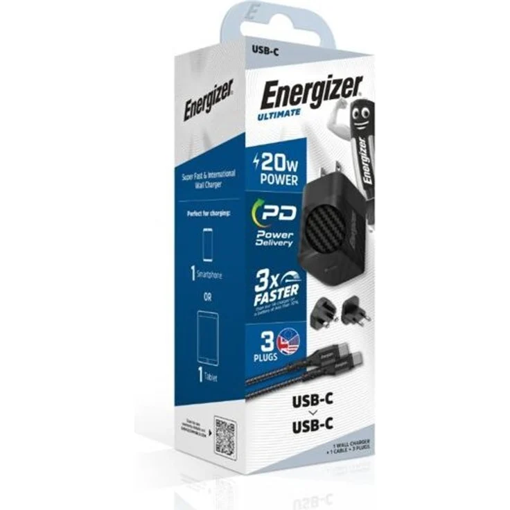ENERGIZER Ultimate - Multiplug EU / UK / US GaN 20W PD Charger + USB-C Cable (Black) - Superschnelles Aufladen durch USB Power Delivery und ultrakompaktes Design