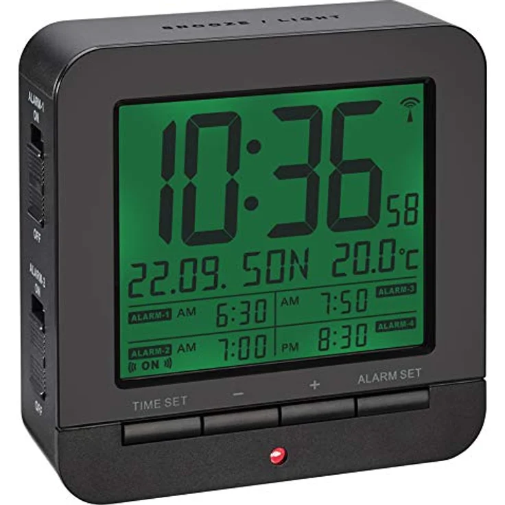 TFA Dostmann Funk-Wecker, mit 4 Weckzeiten,60.2536.01, Anzeige des Datums und Innentemperatur, 9,2 x 9,2 x 3,2 cm, schwarz, Kunstoff – Bild 2