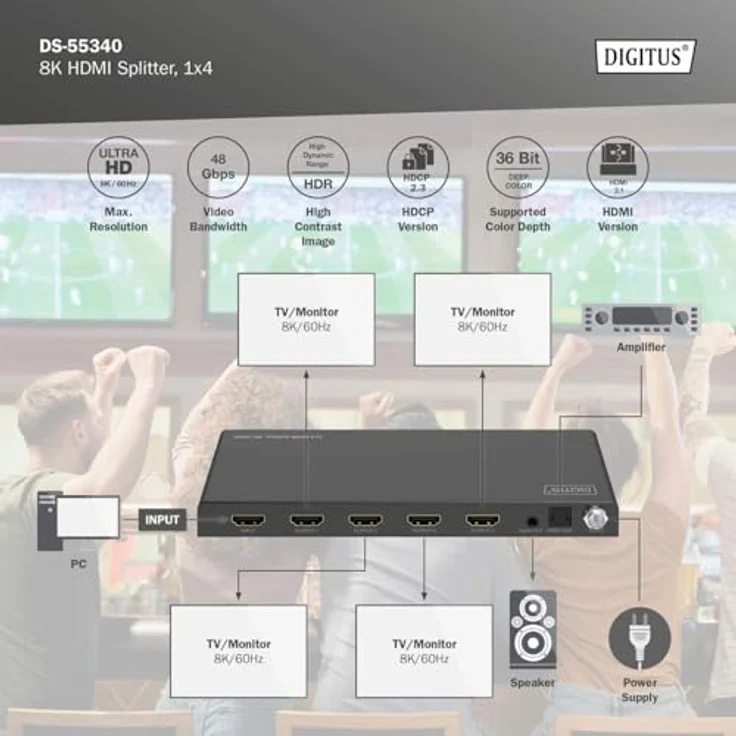 DIGITUS DS-55340 HDMI Splitter 1x4 – UHD 8K/60 Hz HDTV – Toslink, Stereo (3,5 mm) – Schwarz – Bild 3