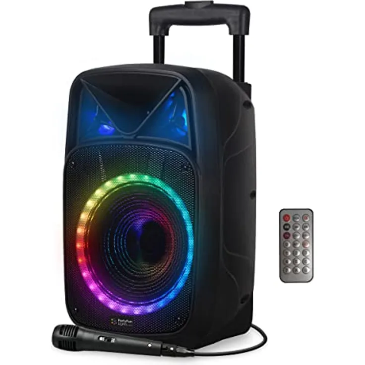 PartyFunLights Karaoke-Party-Lautsprecher - Bluetooth - Mikrofon - Fernbedienung - Handle & Wheels - (605603)