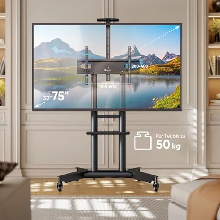 ONKRON TS1571-B, rollbarer TV Ständer für 32-75 Zoll Fernseher, max. Belastung 60 kg, höhenverstellbar, max. VESA 600x400, mit Rollen, schwarz – Bild 2