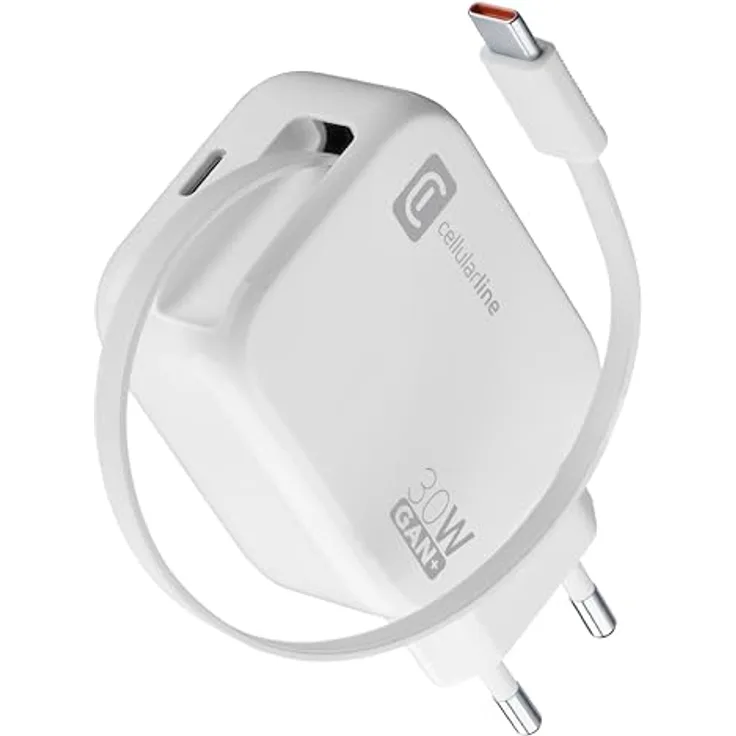 Cellularline 30W-Wandladegerät mit 90 cm einziehbarem USB-C-Kabel, GaN-Technologie, Doppeltem USB-C Power Delivery-Anschluss, kompakt für Smartphones und Tablets, Weiß