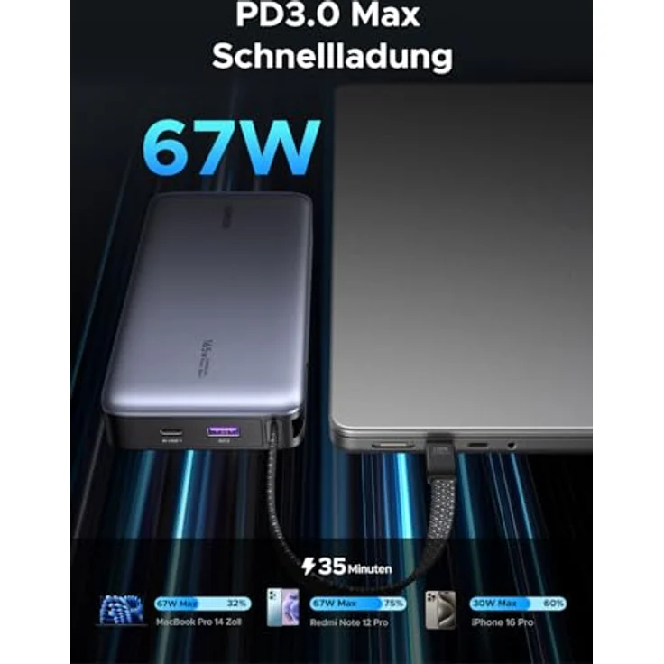 UGREEN Nexode Power Bank, 20000mAh 67W Schnellladung mit integriertem USB-C Kabel, kompatibel mit Xiaomi 15 Ultra, Galaxy S25 Ultra, iPhone 17/16 Serie, inkl. Trageriemen und Mehrfachschutzsystem – Bild 2
