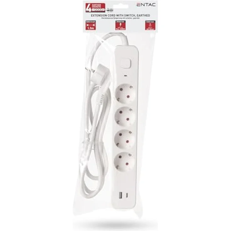 Entac Steckdosenleiste 4fach mit 1x USB-A & 1x USB-C, 1,5m, weiß – Bild 2