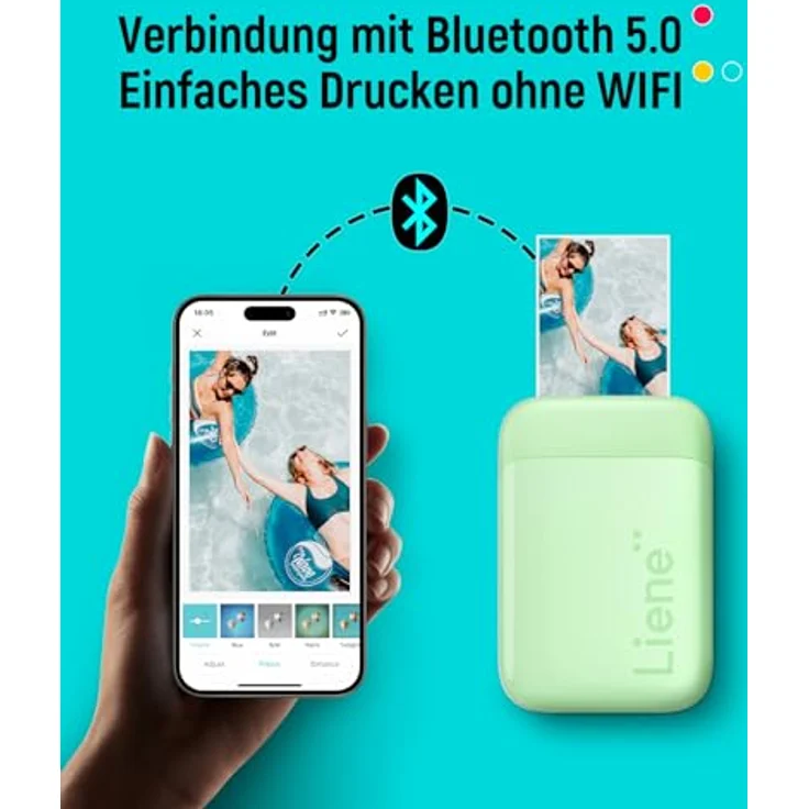 Liene Pearl K100, Tragbarer Fotodrucker für Smartphones, Zink-Klebepapier, Bluetooth 5.0, kompatibel mit iOS/Android, grün, 50 Blatt – Bild 2