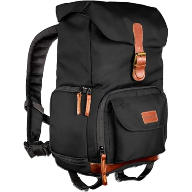 Mantona Luis junior Retro Fotorucksack (mit Echtleder-Applikationen, inkl. Regenschutzhülle, flexible Einteilung und Tablet-Fach für 1x DSLR-Kamera, 1-2 Objektive und diverses Fotozubehör) schwarz – Bild 2
