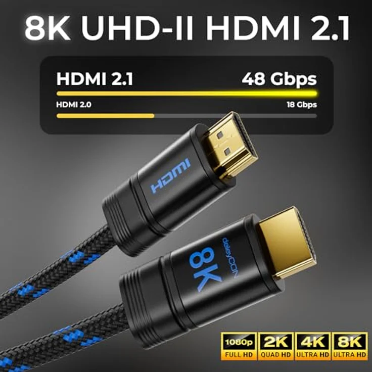 deleyCON 2m 8K HDMI 2.1b Kabel, ULTRA Highspeed (48G, zertifiziert) für 8K@60Hz, 4K@120Hz, eARC, Dolby Atmos, Schwarz – Bild 2