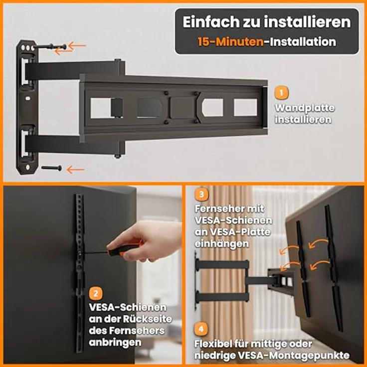 EasyLife FlexMount E70, Einarm-Design TV-Wandhalterung für 37–70" Fernseher bis 35 kg, VESA 600x400, schwenkbar und neigbar mit Kabelführung – Bild 2