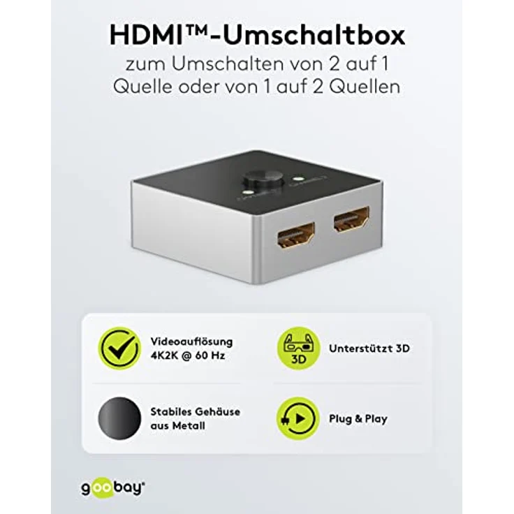 goobay 58486 HDMI Switch 2 in 1 Out / 4K bei 60Hz (2160p) HDMI Verteiler/HDMI 2.0 Umschaltbox für PS4, PS5, Laptops oder Monitore – Bild 5