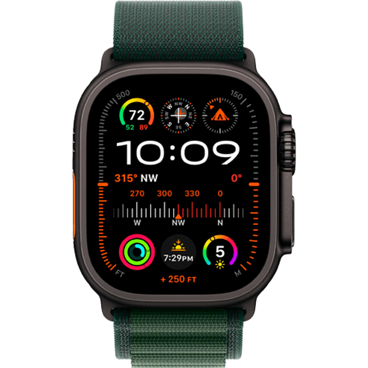 Apple Watch Ultra 2, Smartwatch in Schwarz mit dunkelgrünem Nylonband M