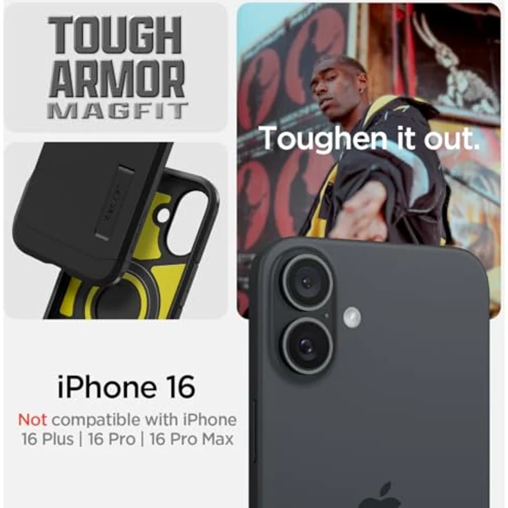 Spigen Tough Armor (AI) MagFit Hülle für iPhone 16 - Schwarz, Integrierter Kickstand und Magnet für MagSafe Zubehör – Bild 3