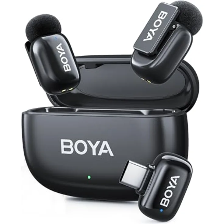 Boya Mini 2-02 (Black), drahtloses Mikrofonsystem mit 1x RX USB-C und 2x TX, ideal für Vlogging und Interviews