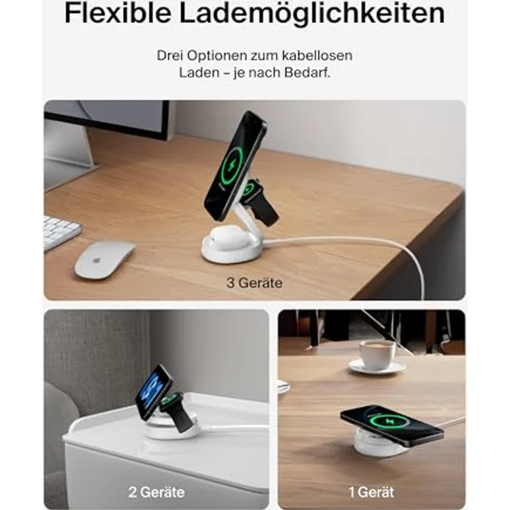 Belkin BoostCharge MagSafe Ladegerät, verstellbare 3-in-1 Ladestation mit Qi2-Zertifizierung, 15-W Schnellladung für iPhone 16, Apple Watch und AirPods, Weiß, inkl. 36-W-Netzteil – Bild 5