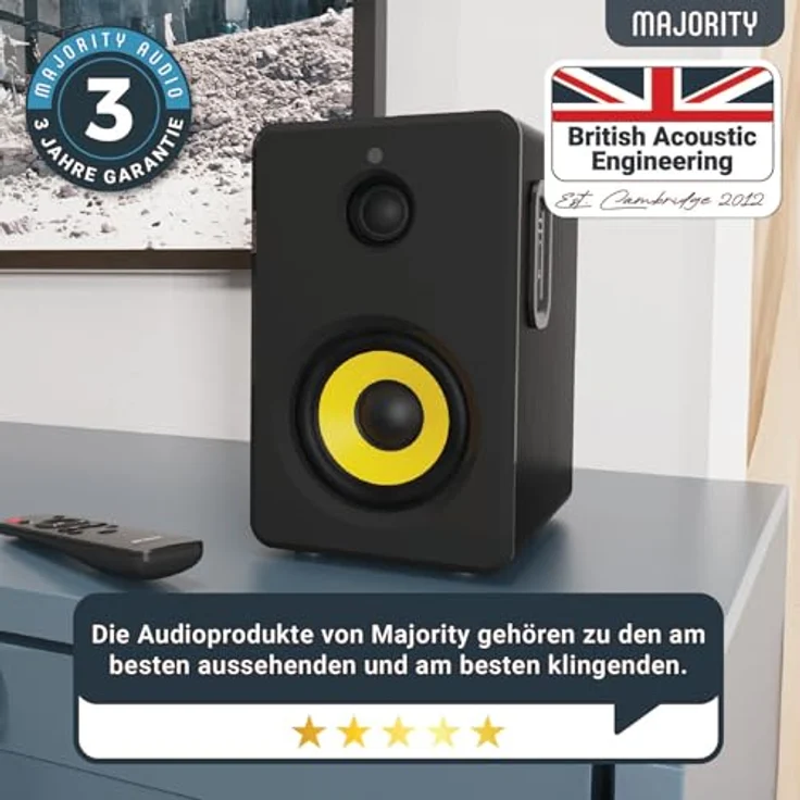 MAJORITY D40X Aktiv Regallautsprecher | 70W 2.0 Gelber Kevlar-Kegel Monitor Lautsprecher | Studio Monitor mit Bluetooth | Bookshelf HiFi Speakers mit Optische, RCA, USB AUX & Inklusive Fernbedienung – Bild 3