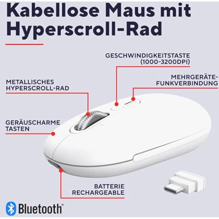 Trust Seron, Wiederaufladbare Kabellose Maus mit Hyperscroll-Rad, Bluetooth + 2.4GHz, Leise Tasten, 65% Recyclingkunststoff, Weiß – Bild 2
