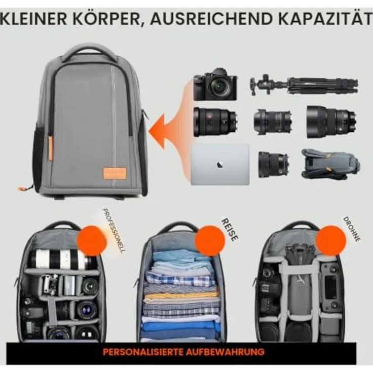 TARION Kamerarucksack Leicht, Profi Kamera Rucksack mit 15 Zoll Laptopfach und 8 herausnehmbaren Trennwänden, Grau – Bild 3