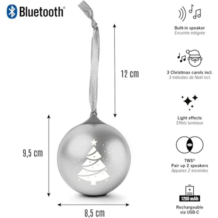 Bigben EPOK Leuchtende Weihnachtskugel, Bluetooth portabler Lautsprecher mit Lichteffekten, silber – Bild 6