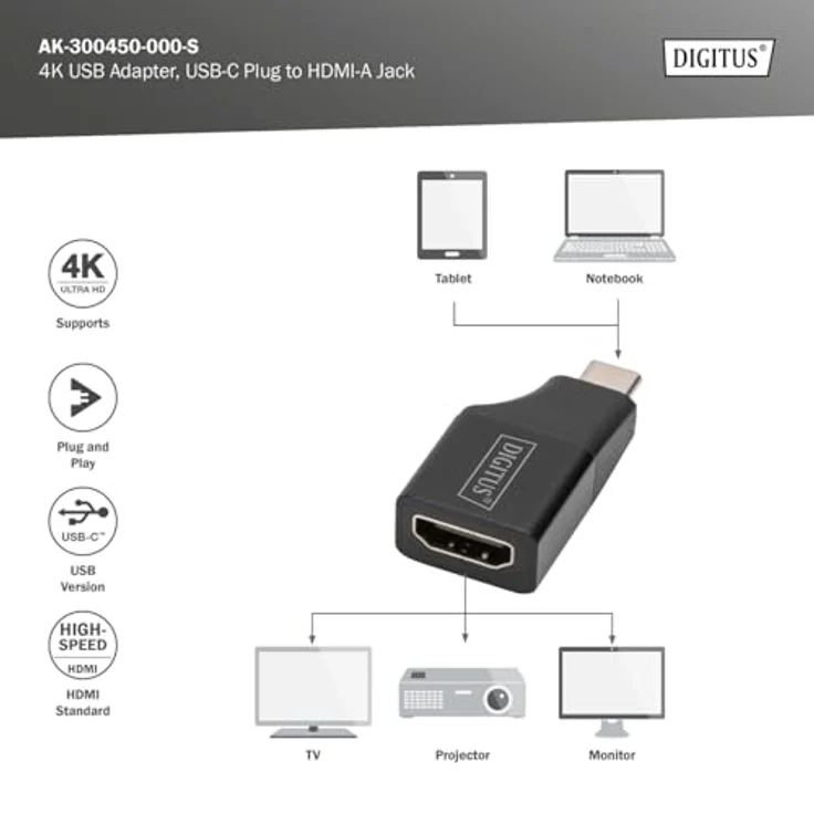 DIGITUS USB-C zu HDMI Adapter, UHD 4K 30 Hz, Aluminiumgehäuse, vergoldete Kontakte, Plug & Play, schwarz – Bild 2