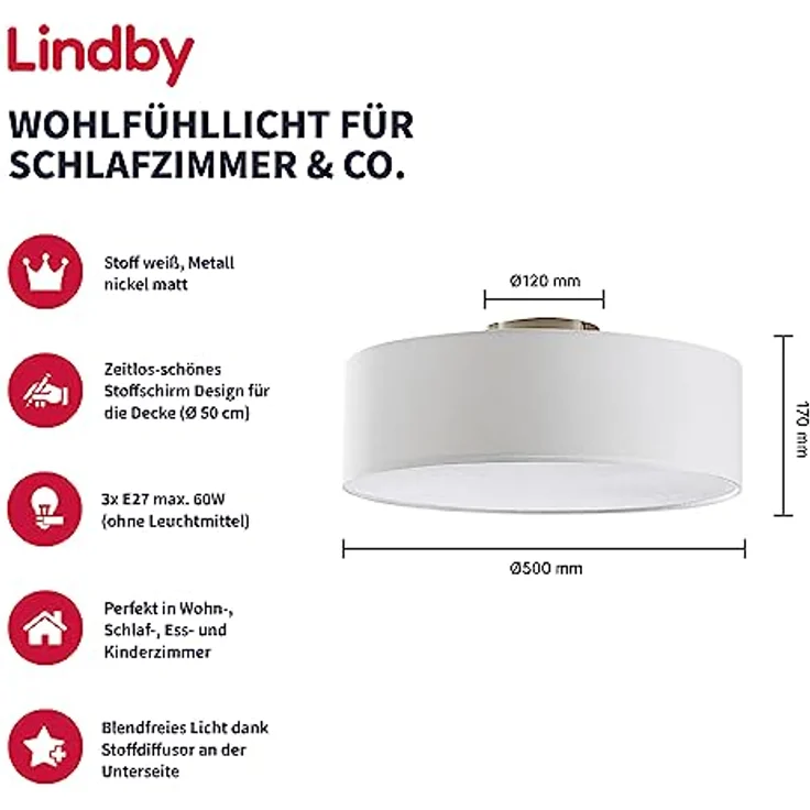Lindby Textil Deckenleuchte rund 50 cm, Deckenlampe Stoff weiß, blendfreies Licht, 3x E27 max. 60W, Design-Highlight – Bild 2