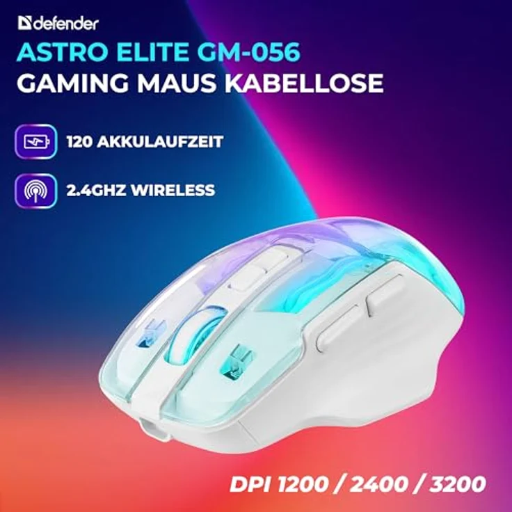 Defender Astro Elite Kabellose Gaming Maus – 2.4 GHz Wireless, 3200 DPI, RGB, 5 programmierbare Tasten, FIRE-Taste, 120 Std. Akku, USB-C, ergonomisch für PC und Laptop – Bild 2