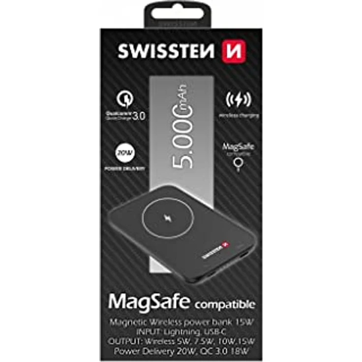 Swissten 5000mAh MagSafe Powerbank mit Magnet- und Klebepad, USB-C 20W – Schwarz – Bild 4