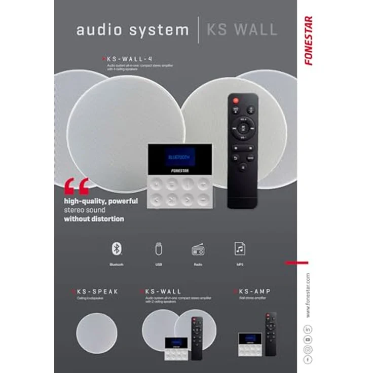 FONESTAR Mikro-Musikanlage KS-WALL-4, All-in-One-Sound-Kit mit 4 Deckenlautsprechern, Bluetooth, USB, FM-Tuner, Farbe Weiß – Bild 8