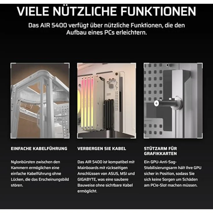 Corsair AIR 5400 LX-R RGB LINK, Mid-Tower PC Gehäuse mit Sichtfenster, modularem Innenraum und bis zu 10 Lüftern, Weiss – Bild 12