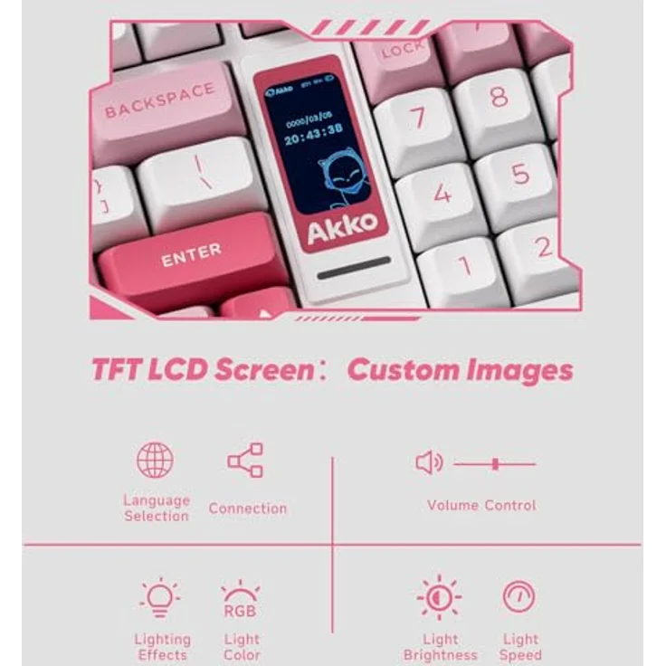 Akko 5098B Kabellose Gaming-Tastatur mit Bildschirm, RGB-Dichtungstastatur, Hot-Swap-Funktion, 1800er-Layout und Nummernblock (Prunus Lannesiana) – Bild 2