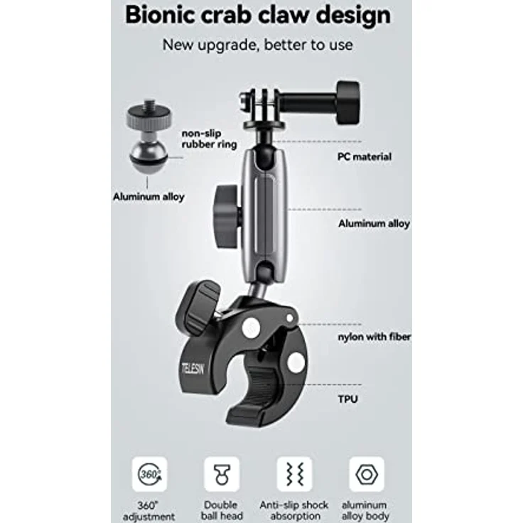TELESIN Universal Handlebar Tube Clamp Mount for Sport Cameras (Aluminium) – Bild 3