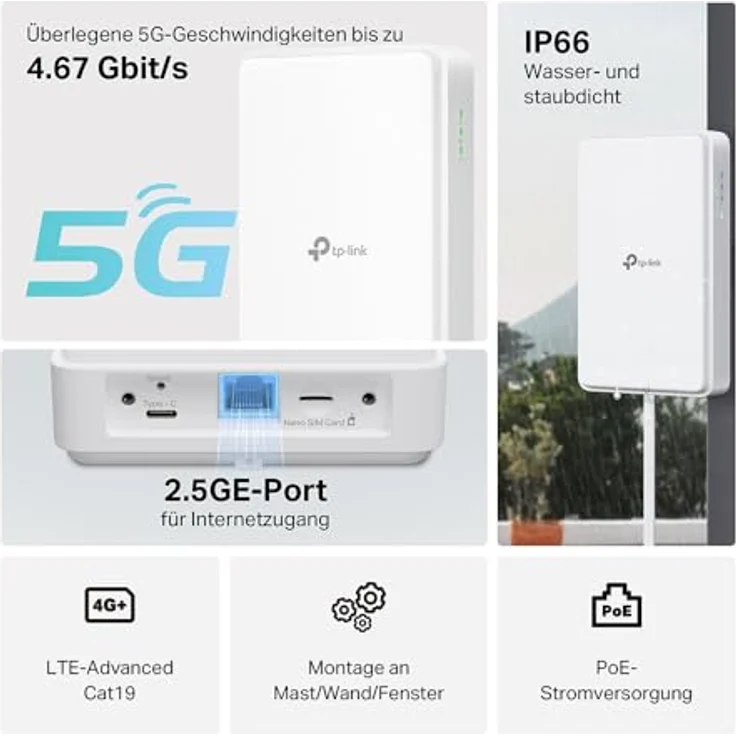 TP-Link NE200-Outdoor 5G LTE Router ohne WLAN, bis zu 4,67 Gbit/s, wettergeschützt, 1× 2,5-Gbit/s-PoE/LAN-Port, Montage an Mast, Wand oder Fenster – Bild 4