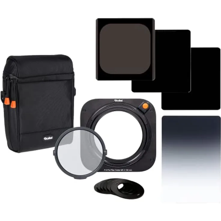 Rollei Filterhalter Master-Set MK 3. Rechteck-Filterhalter inkl. magnetischem CPL Filter, Adapterringen von 52 bis 82mm,Soft GND8-,ND8-,ND64-,ND1000
