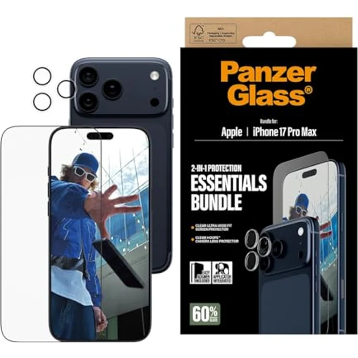 PanzerGlass 2-in-1 Essentials Set für iPhone 17 Pro Max, Transparente Smartphone Schutzfolie mit hohem Umweltschutz und wischfester antibakterieller Beschichtung – Bild 2