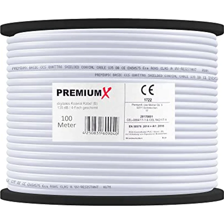 100m 135dB Sat Koaxialkabel Koax Kabel FullHD UltraHD 4K 4-fach geschirmt für DVB-S / S2 DVB-C und DVB-T BK Anlagen PremiumX mit 10 x F-Stecker Gratis – Bild 2