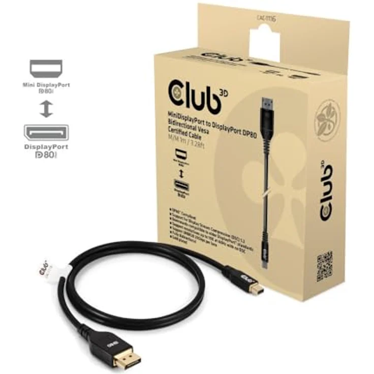 Club3D CAC-1116 MiniDisplayPort to DisplayPort DP80 Bidirectional Vesa Certified Cable 1m/ 3.28 ft, DisplayPort-Kabel mit UHBR10/13.5/20 bis zu 80 Gbps, Unterstützung für 4K240Hz/8K60Hz/10K60Hz – Bild 3