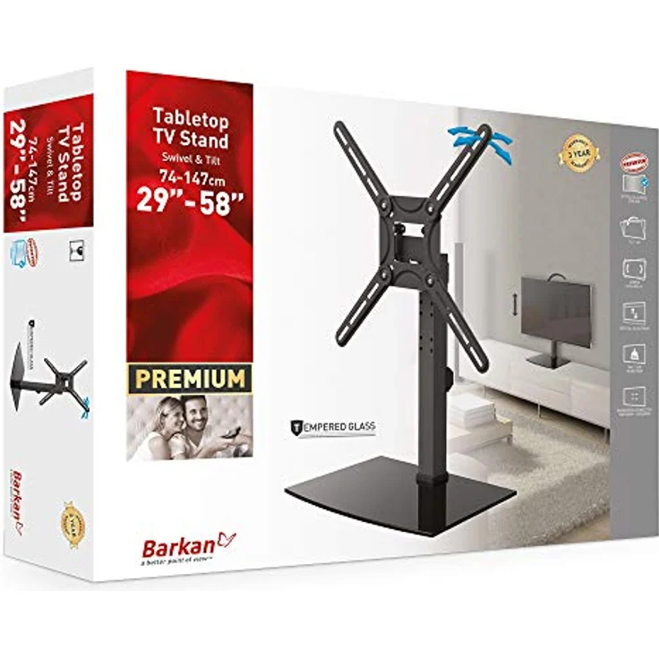 Barkan Tischplatte TV Standfuss TV Wandhalterung 29-58 Zoll Schwenkbar & Neigbare TV Ständer, hält bis 25Kgs, Patentiert, Gehärtetes Glas, für LED OLED LCD, Max. VESA 600x400 – Bild 4