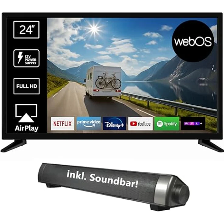REFLEXION LED24iBT, 24 Zoll Smart-TV mit Soundbar, Full-HD, WLAN, Bluetooth, HDMI, USB, CI+, 12V-KFZ-Adapter – ideal für Wohnmobile und Camper, inkl. Fernbedienung – Bild 1