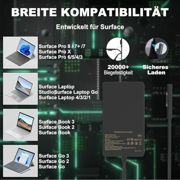 SMMKOXOI 65W Surface Laptop Ladekabel für Microsoft Surface Pro 11/10/9/8/7+ mit 3m Kabellänge und zusätzlichem USB-Anschluss – Bild 3