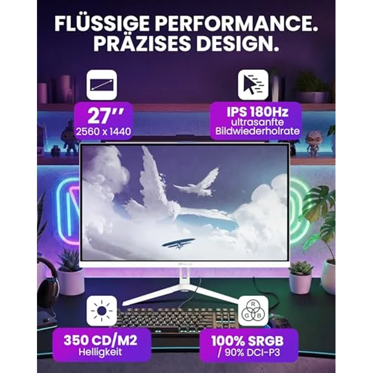 Arozzi Nova 27” Gaming Monitor, IPS 180Hz QHD 1440p mit HDR10, flimmerfreiem Display, 100% sRGB, Weiß – Bild 2