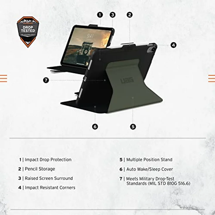 UAG Scout Folio Case für Apple iPad 10.9 Hülle (10. Generation / 2022) Schutzhülle mit Magnetische Frontklappe, Wake/Sleep Unterstützung, Apple Pencil Halterung, schwarz/Olive – Bild 2