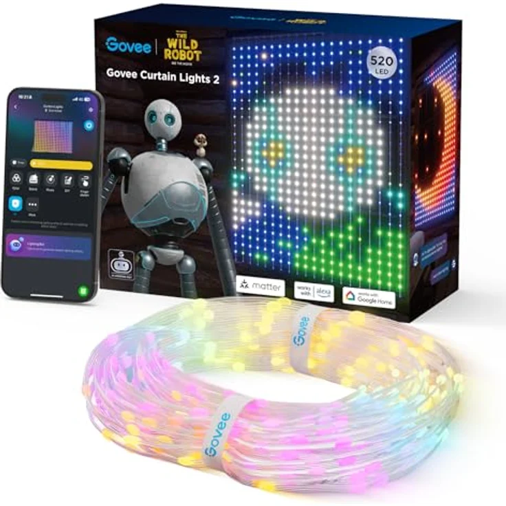 Govee Curtain Lights x The Wild Robot, Smart LED Vorhang mit DIY GIF, 520 RGBIC Color Chaning LED Lichterkette, IP65 Max Wasserfest, Kompatibel mit Alexa, Party Deko (1,5×2m) – Bild 1