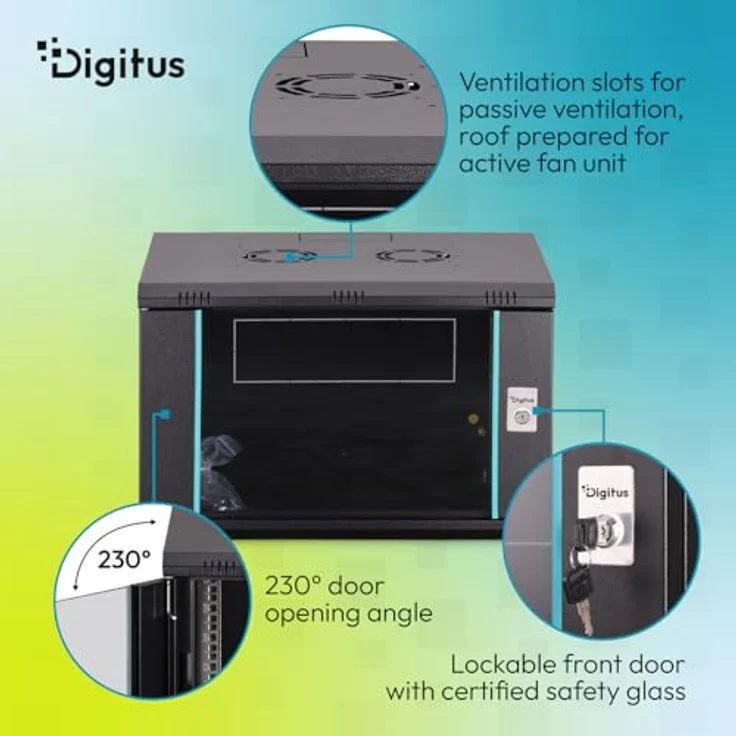 DIGITUS Netzwerkschrank 19-Zoll Rack 7HE, unmontiert, Wandmontage, 450 mm Tiefe, Glastür, Dynamic-N Serie, Schwarz, 60 kg Traglast – Bild 4