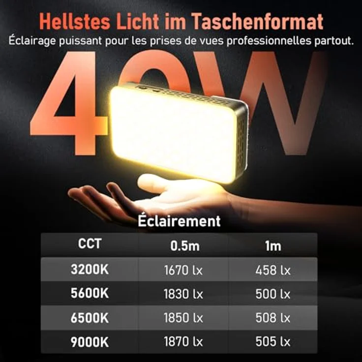 Rollei LUX Compact 40W RGB LED Videoleuchte, Kamera Licht mit 3350 mAh Akku, Typ-C-Aufladung und Steuerung per Candela App, für Fotografie und Videoproduktion im Taschenformat – Bild 2