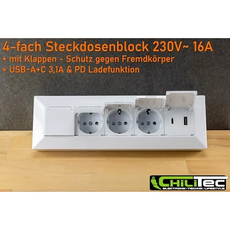 ChiliTec 4-Fach Mehrfachsteckdose mit Klappdeckel, USB-A & USB-C PD, Schutzkontaktsteckdosen, Weiß – Bild 4
