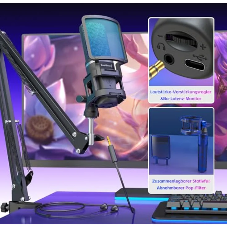 zealsound A68S USB Mikrofon Set, Kondensator Mikrofon für Podcast mit Boomarm & Tischstativ, RGB-Beleuchtung, Plug & Play, 92kHz/24bit Audioqualität – Bild 5