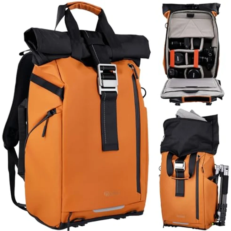 Rollei Fotoliner Ocean Rolltop, Wasserdichter 20L Kamerarucksack mit Laptopfach und Stativhalter, Orange – Bild 1