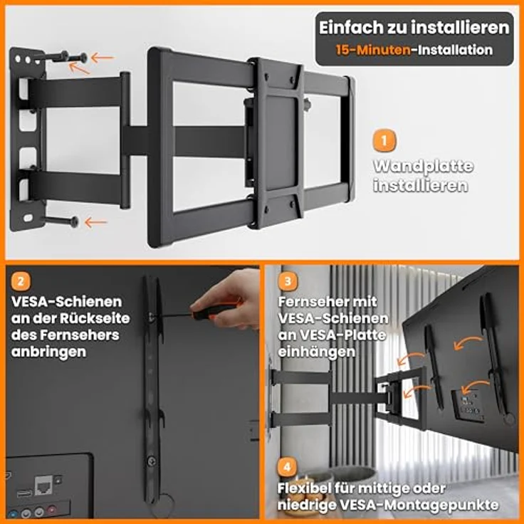 EasyLife ProMount HD75 Compact TV Wandhalterung, 32–75 Zoll, Heavy-Duty bis 50 kg, neigbar & schwenkbar, VESA 400x400, schwarz – Bild 2