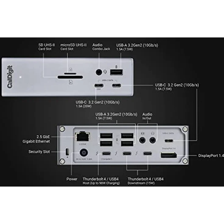CalDigit TS4 Thunderbolt 4 Dock – 18 Ports, 98 W Aufladung, 3 x Thunderbolt 4 40 Gb/s, 5 x USB-A, 3 x USB-C (10 Gb/s), 2,5 GbE, Single 8K oder Dual 6K 60Hz Displays, Mac, PC – Bild 2