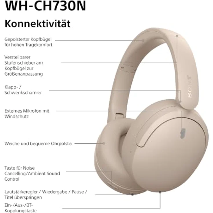 Sony WH-CH730N, Over-Ear Kopfhörer mit Noise Cancelling, beige – Bild 9