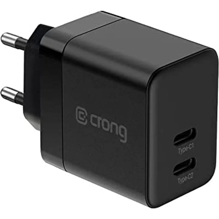 Crong Ultra Compact GaN Ladegerät mit 2-Port USB-C 35W PD 3.0 QuickCharge 3.0 Wandladegerät mit intelligenter Stromverteilung, Schwarz
